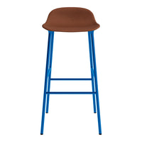 Brown upholstered bar stool with a vibrant blue metal frame. Sleek, modern design for stylish spaces.