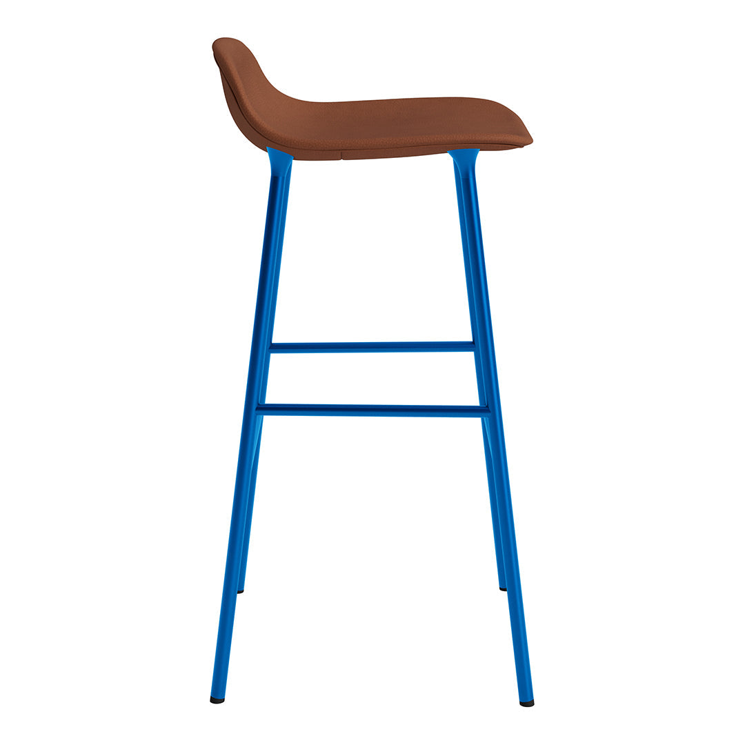 Brown seat with modern blue metal legs, featuring a sleek, minimalist design for contemporary spaces.