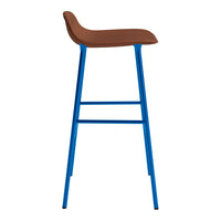 Brown seat with modern blue metal legs, featuring a sleek, minimalist design for contemporary spaces.