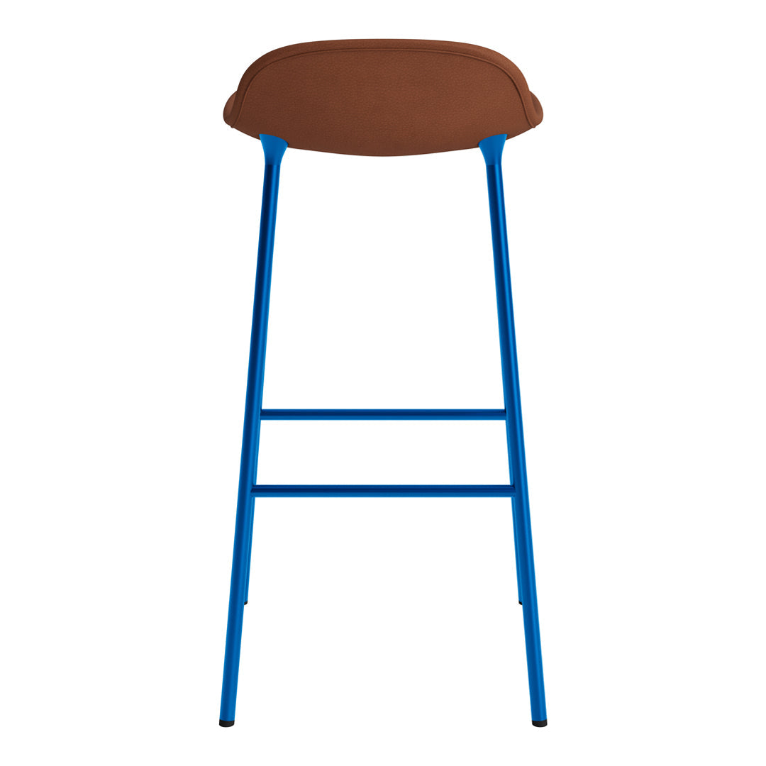 Brown cushioned seat with vibrant blue metal legs and minimalist design. Perfect for modern decor.