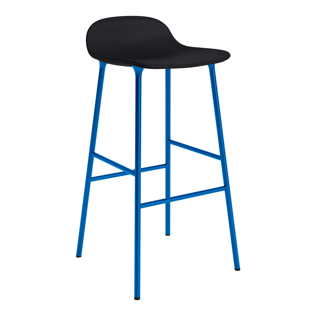 Black bar stool with a sleek, curved seat and vibrant blue metal legs for a modern and stylish look.