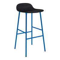 Black bar stool with a sleek, curved seat and vibrant blue metal legs for a modern and stylish look.