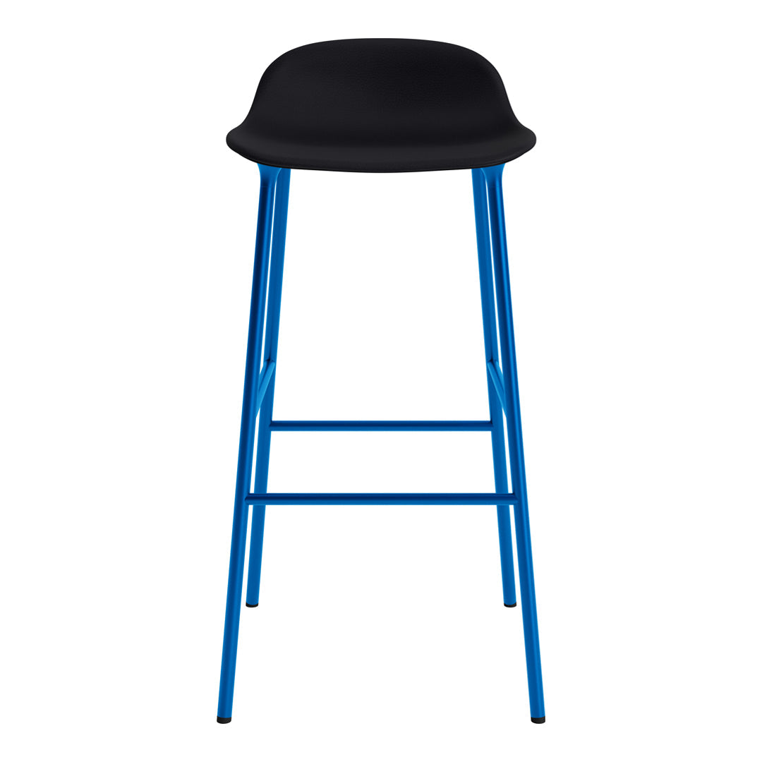 Black bar stool with a smooth seat and vibrant blue steel legs, showcasing a modern, minimalist design.