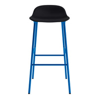 Black bar stool with a smooth seat and vibrant blue steel legs, showcasing a modern, minimalist design.
