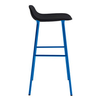 Black seat with vibrant blue legs; sleek, modern bar stool design. Perfect for contemporary spaces.