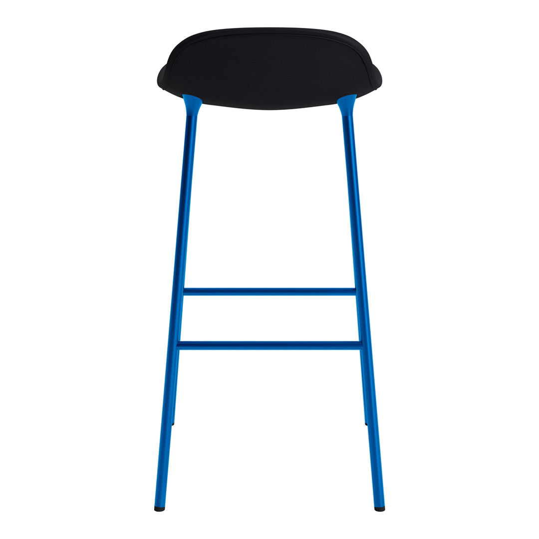 Black seat with vibrant blue legs, modern minimalist design, ideal for contemporary spaces.