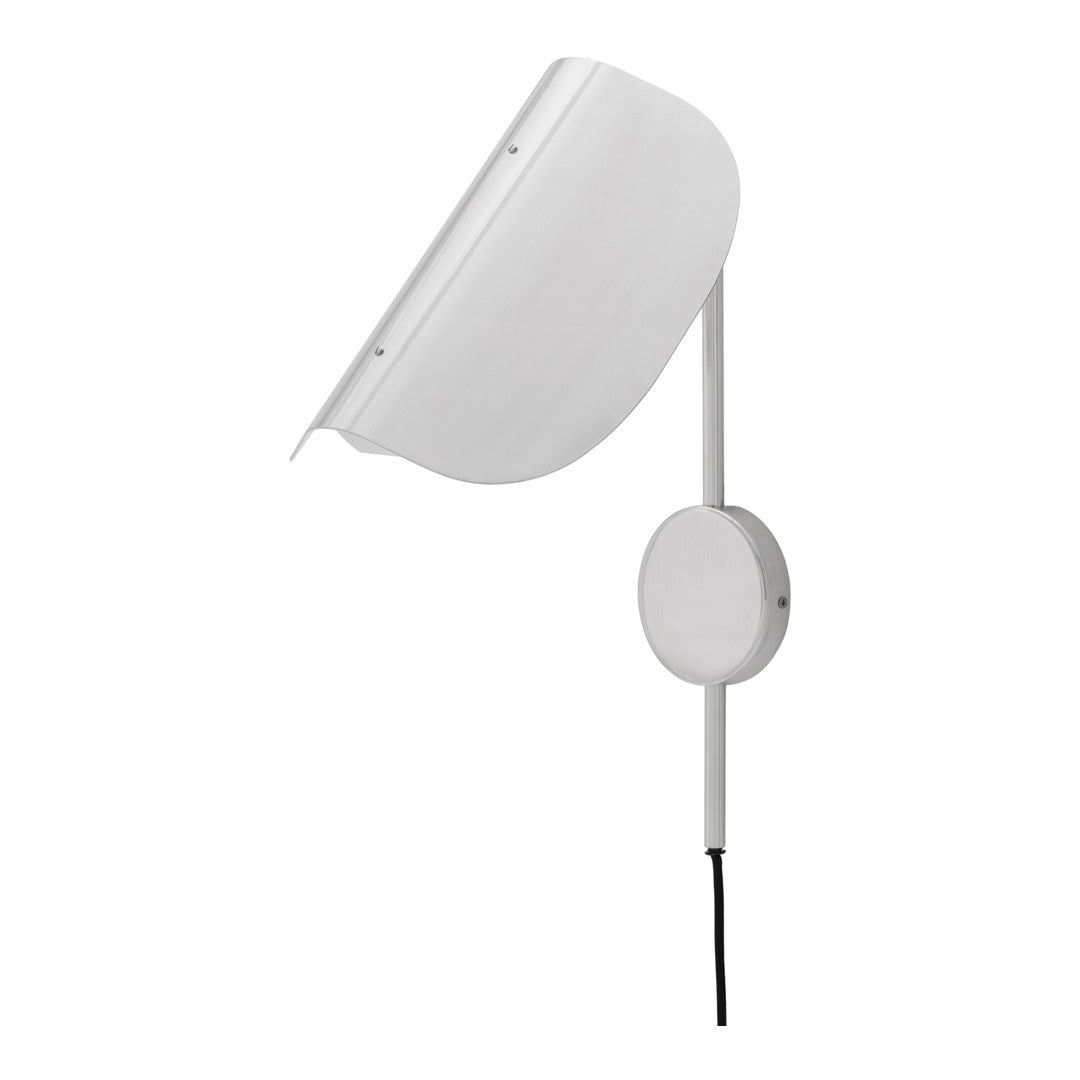 White wall-mounted lamp with a sleek, curved design and minimalistic round base.