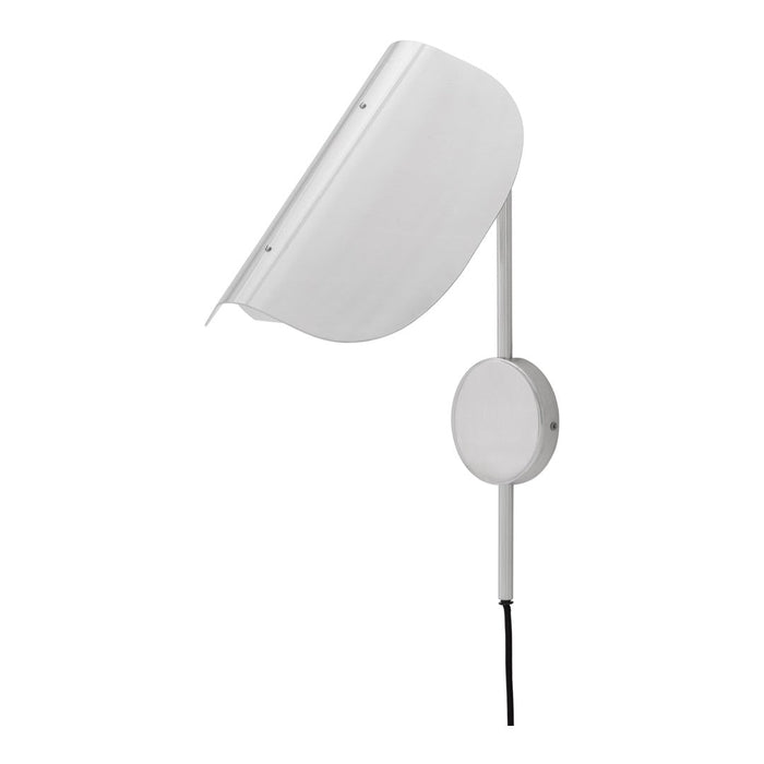 White wall-mounted lamp with a sleek, curved design and minimalistic round base.
