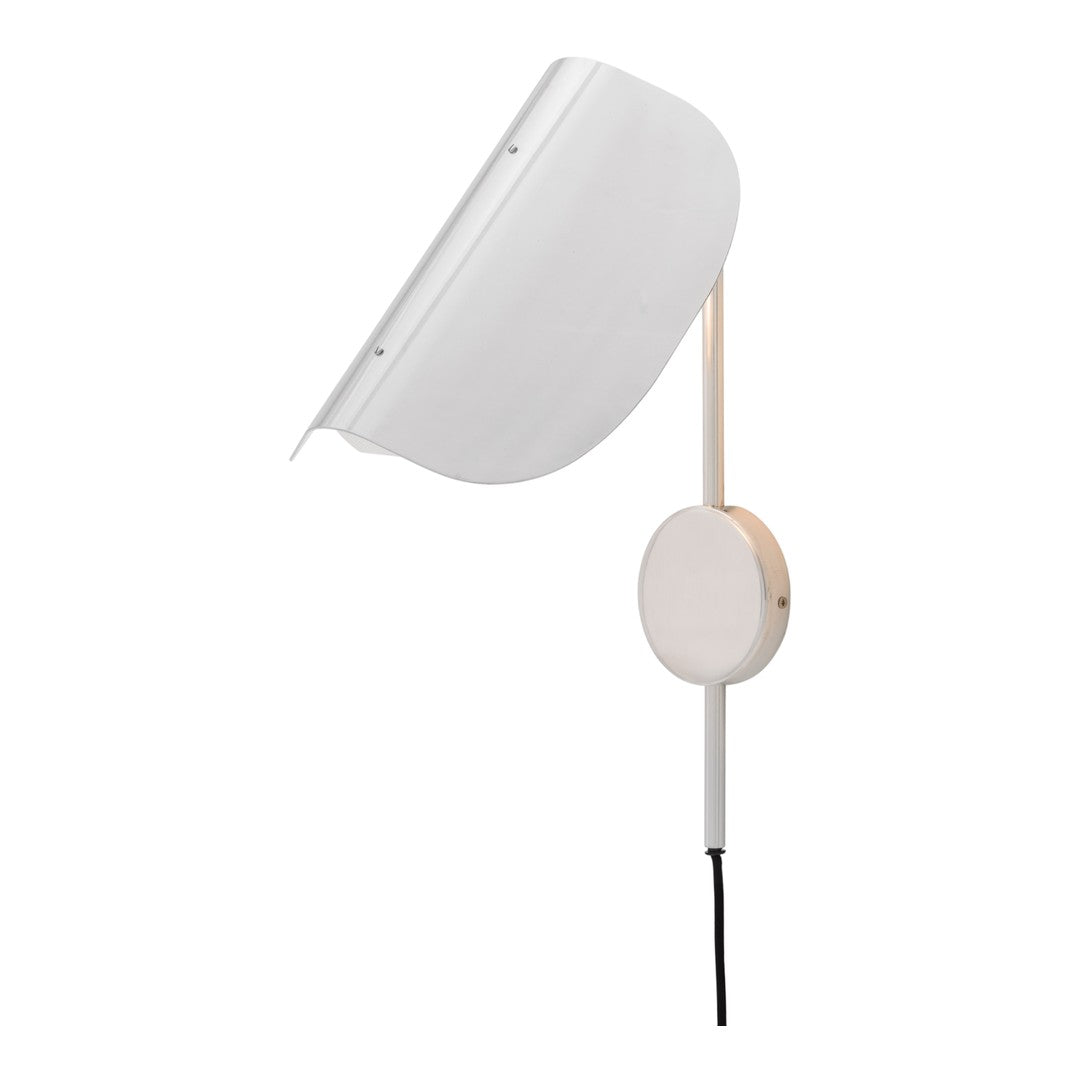 White modern wall lamp with a sleek design and minimalistic pattern, featuring a round mount and cord.