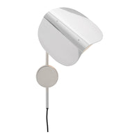 Sleek white wall lamp with minimalistic curved design and metallic accents, perfect for modern decor.