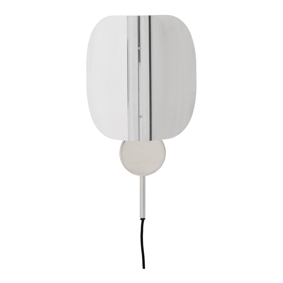 Sleek silver lamp with a modern, minimalistic design and a smooth, rounded shape. Black cord adds contrast.