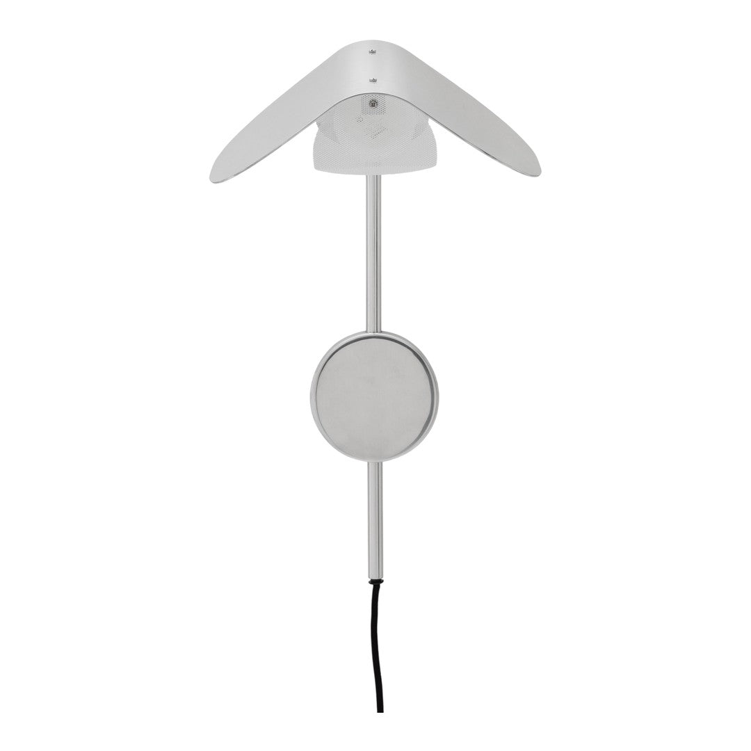 White ceiling lamp with sleek lines and minimalist design, featuring a smooth circular base and dual leaf shades.
