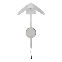 White ceiling lamp with sleek lines and minimalist design, featuring a smooth circular base and dual leaf shades.