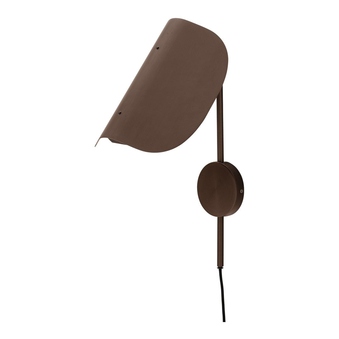 Brown wall-mounted lamp with a sleek, curved shade and minimalist design. Perfect for modern decor.