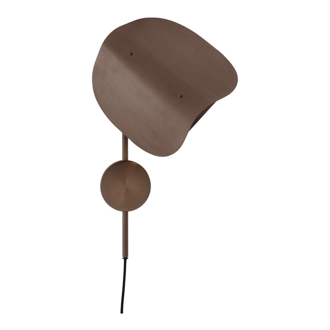 "Modern wall lamp in rich brown with sleek, organic shapes and minimalist design."