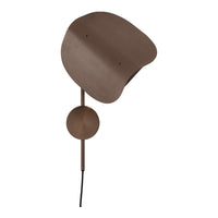 "Modern wall lamp in rich brown with sleek, organic shapes and minimalist design."