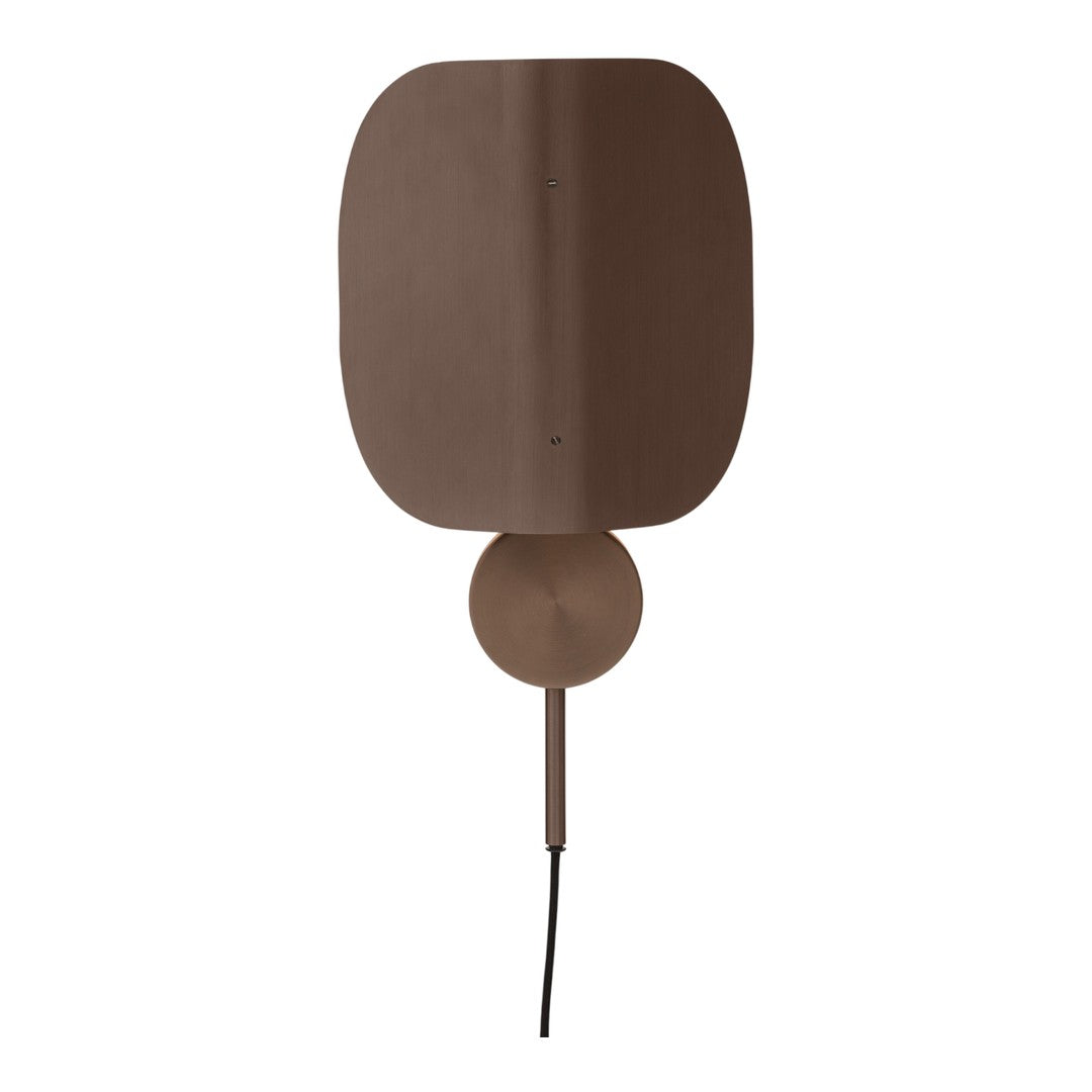 Brown wall lamp with a sleek, rounded design and minimalistic pattern. Perfect for modern decor.