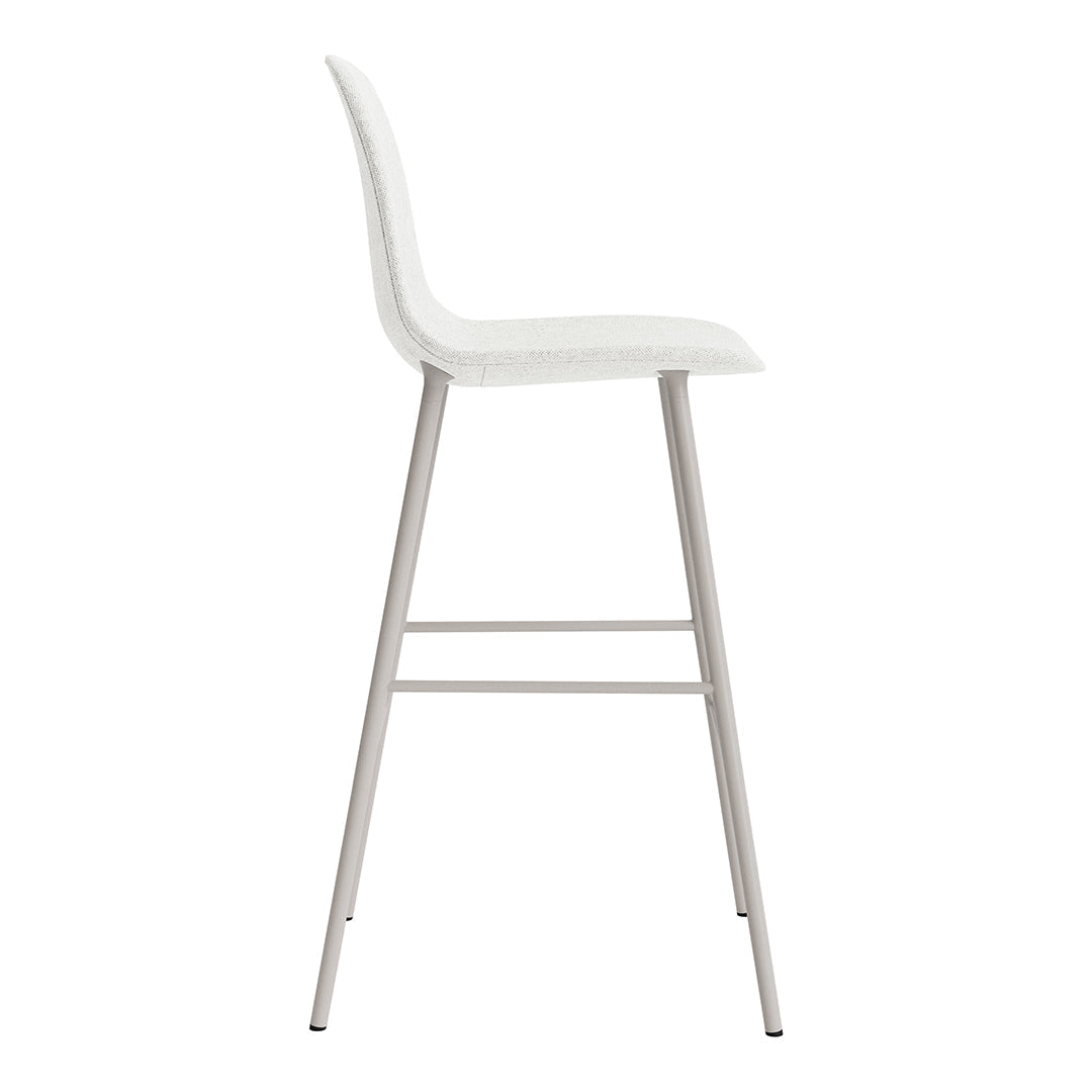 White minimalist bar stool with sleek silver metal legs and a smooth, clean design. Perfect for modern spaces.