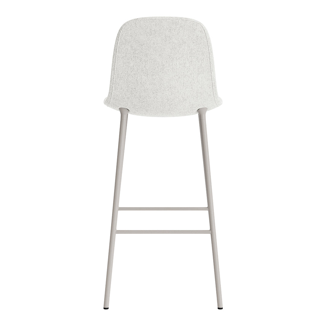 Light gray upholstered bar stool with minimalist design and sleek silver legs. Perfect for modern interiors.