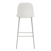 Light gray upholstered bar stool with minimalist design and sleek silver legs. Perfect for modern interiors.