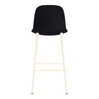 Black upholstered bar stool with a minimalist design and creamy white legs, perfect for modern spaces.