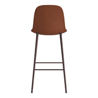 Brown upholstered bar stool with sleek metal legs, featuring a smooth, minimalist design. Perfect for modern spaces.