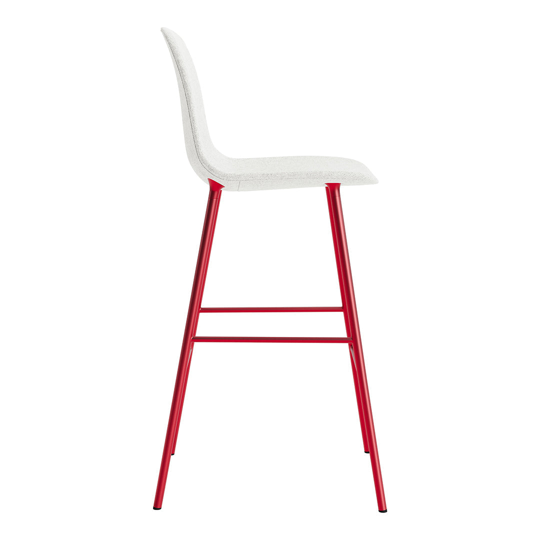 White bar stool with red metal legs, featuring a sleek, modern design ideal for contemporary interiors.