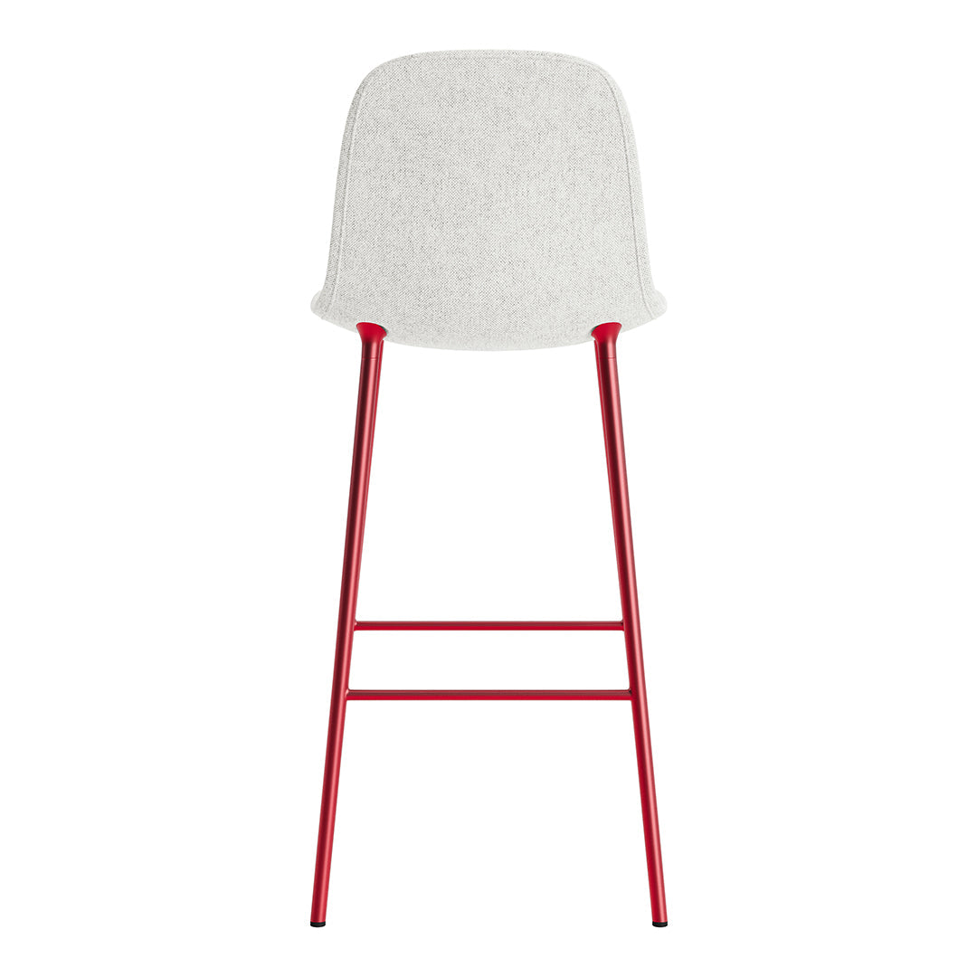 White upholstered bar stool with a red metal frame and minimalist design. Perfect for modern interiors.