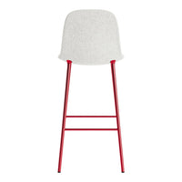 White upholstered bar stool with a red metal frame and minimalist design. Perfect for modern interiors.