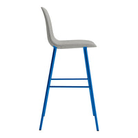 Gray upholstered bar stool with modern blue metal legs. Simple design and sleek color combination.