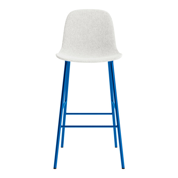 White upholstered bar stool with vibrant blue metal legs. Simple, modern design with smooth, clean lines.
