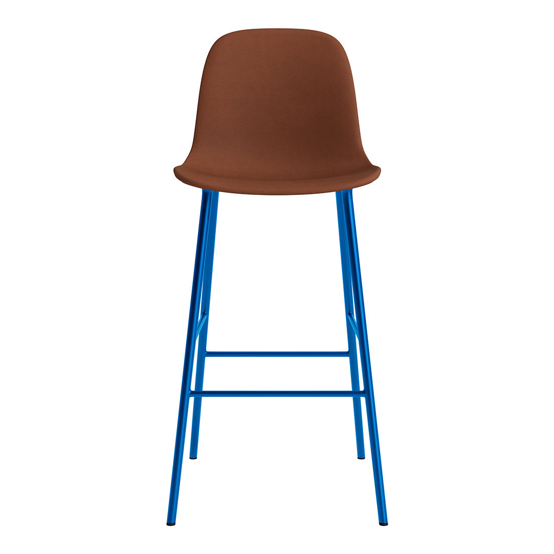 Brown upholstered seat with vibrant blue legs, creating a modern and striking color contrast.