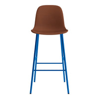 Brown upholstered seat with vibrant blue legs, creating a modern and striking color contrast.