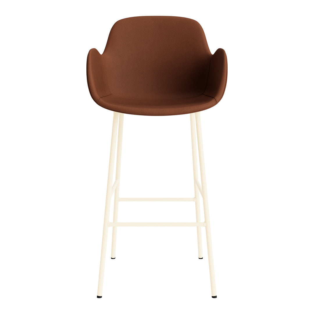 Brown padded seat on a cream-colored metal frame, featuring a sleek, modern design. Ideal for contemporary decor.