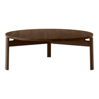 Round wooden coffee table in a rich brown finish with smooth surface and minimalist design. Ideal for modern decor.