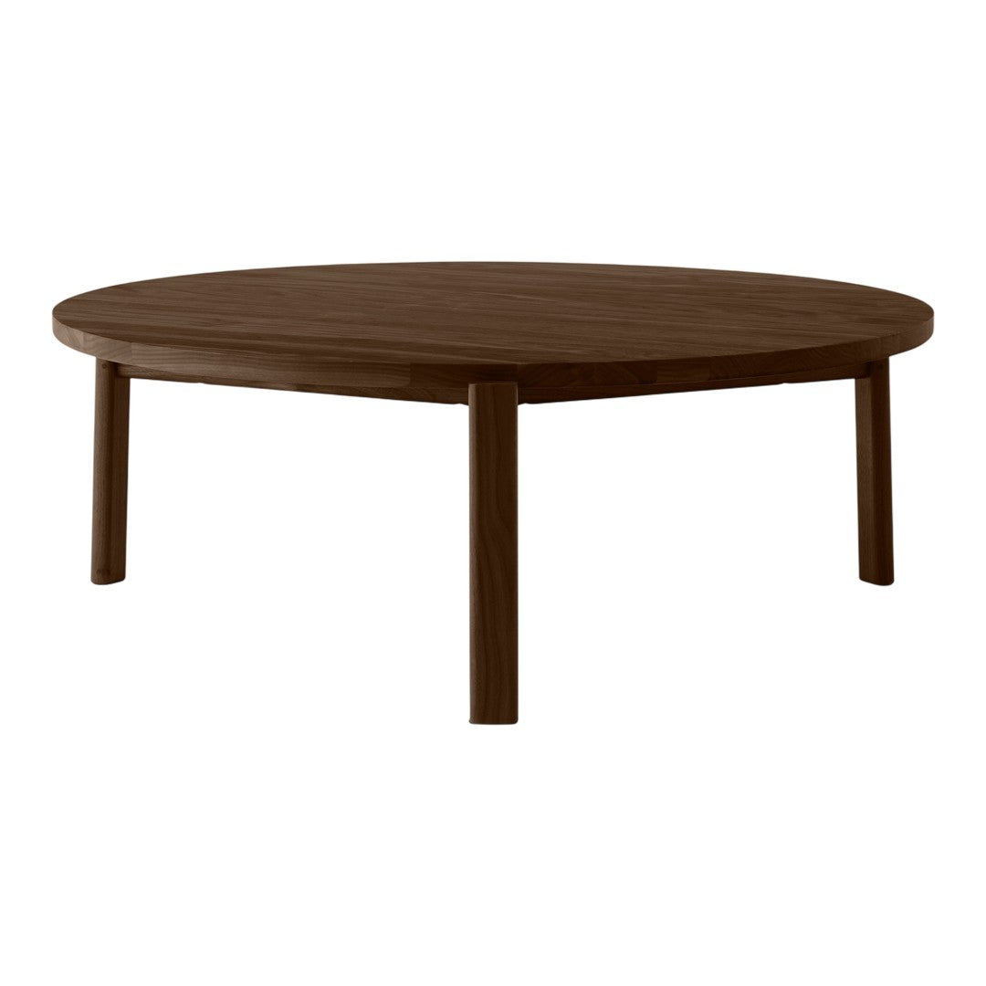 Round wooden coffee table in a rich, dark brown finish with a smooth surface and simple leg design.