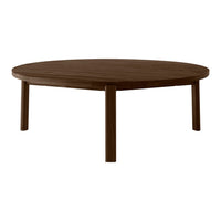 Round wooden coffee table in a rich, dark brown finish with a smooth surface and simple leg design.