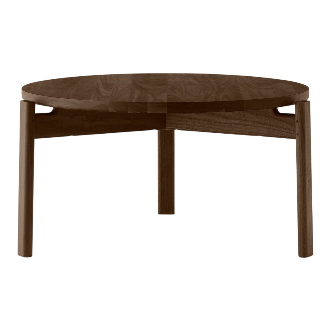 Round wooden coffee table in rich dark brown finish with smooth surface and simple, modern design.
