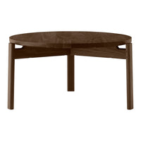 Round wooden coffee table in rich dark brown finish with smooth surface and simple, modern design.