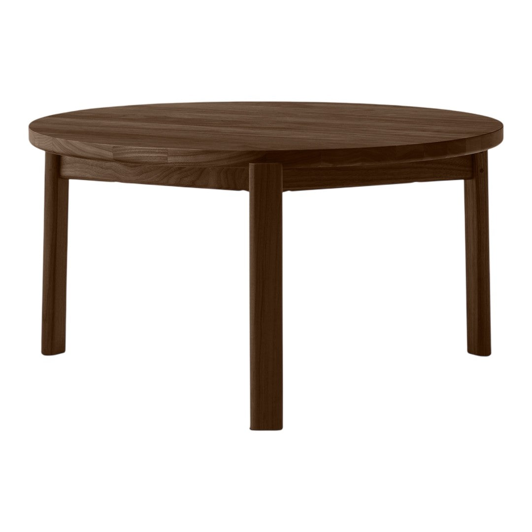 Round coffee table in rich walnut brown with a smooth, solid wood finish and simple, modern design.