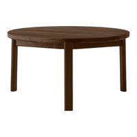 Round coffee table in rich walnut brown with a smooth, solid wood finish and simple, modern design.