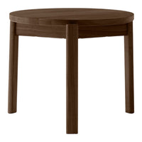 Round wooden table in a rich brown finish with a smooth, minimalist design. Perfect for modern decor.