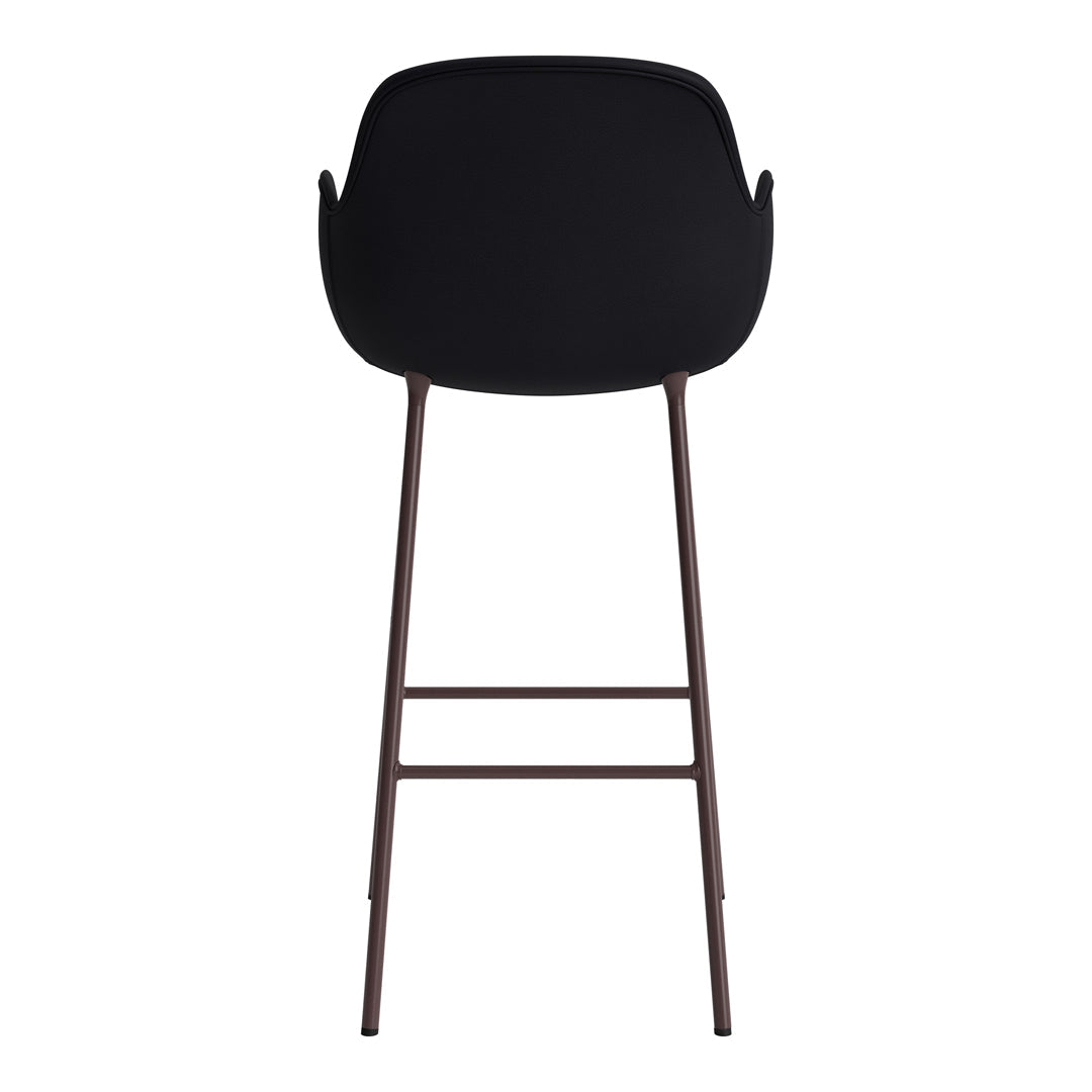 Black modern chair with a sleek design and contrasting brown metal legs. Ideal for contemporary spaces.