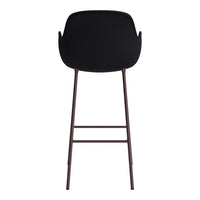 Black modern chair with a sleek design and contrasting brown metal legs. Ideal for contemporary spaces.
