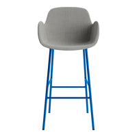 Gray upholstered bar stool with vibrant blue metal legs and a sleek, modern design.