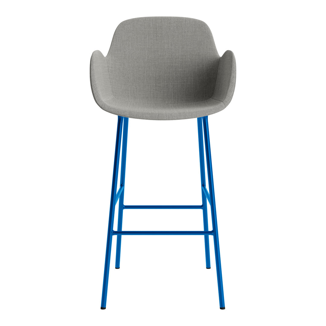 Gray upholstered bar stool with vibrant blue metal legs and a sleek, modern design.