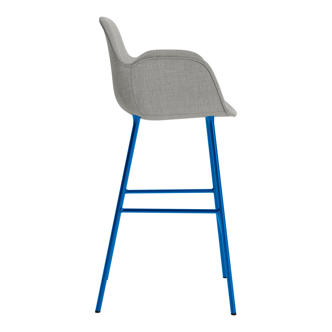 Gray upholstered bar stool with a vibrant blue metal frame and sleek design. Ideal for modern spaces.