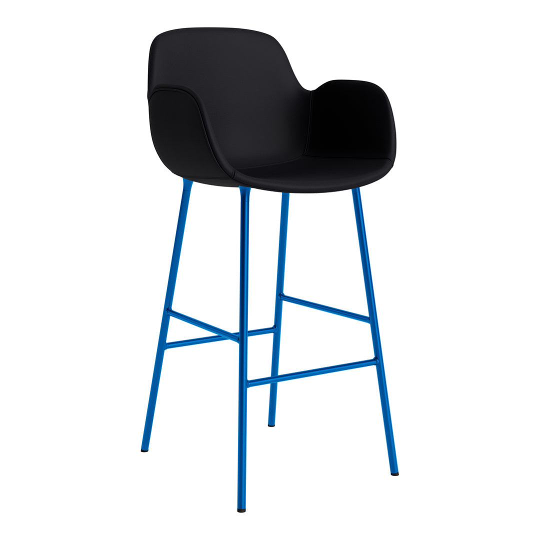 Black bar stool with a sleek design and bold blue metal legs, perfect for modern decor.