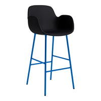 Black bar stool with a sleek design and bold blue metal legs, perfect for modern decor.