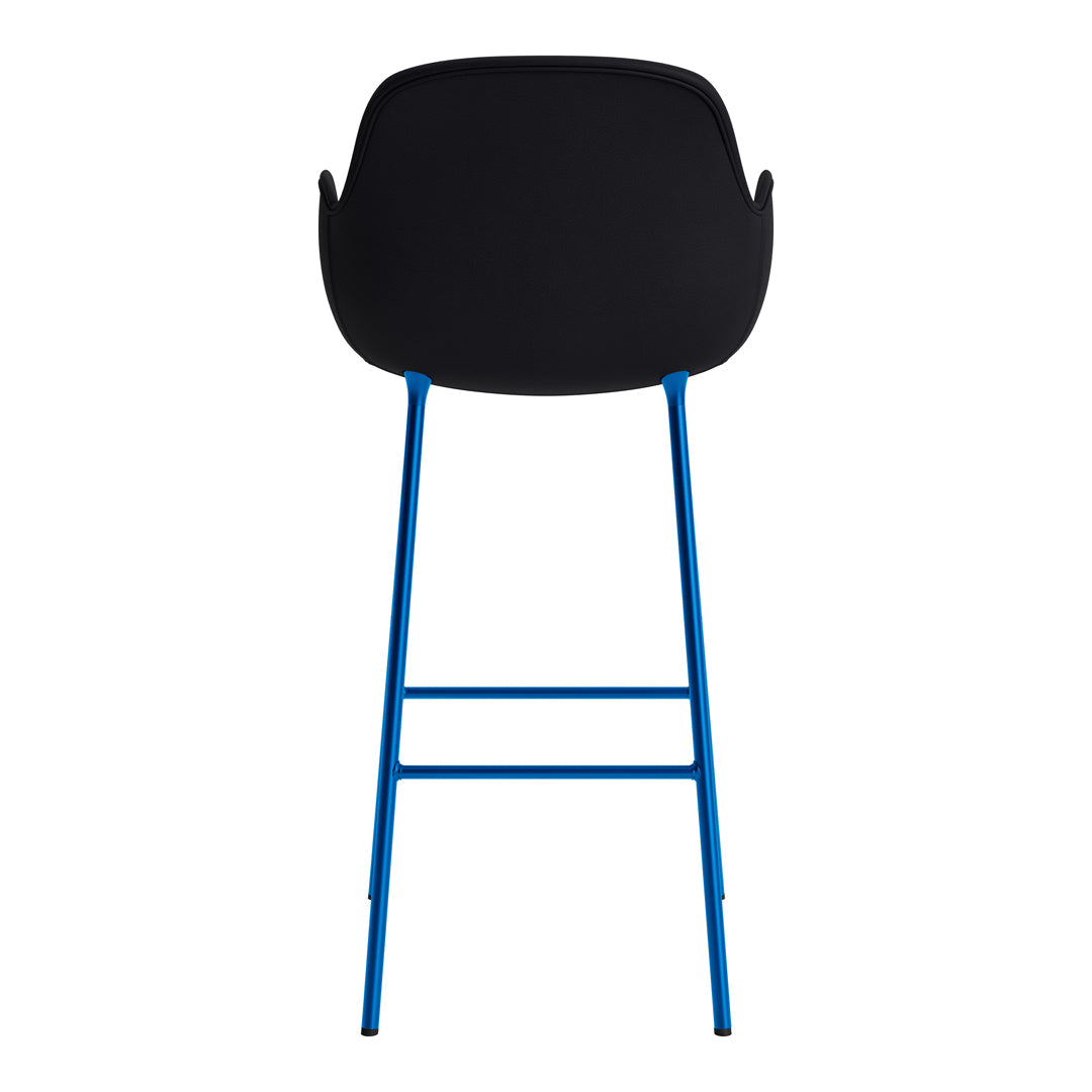 Black chair with a smooth seat and vibrant blue metal legs, showcasing a modern minimalist design.